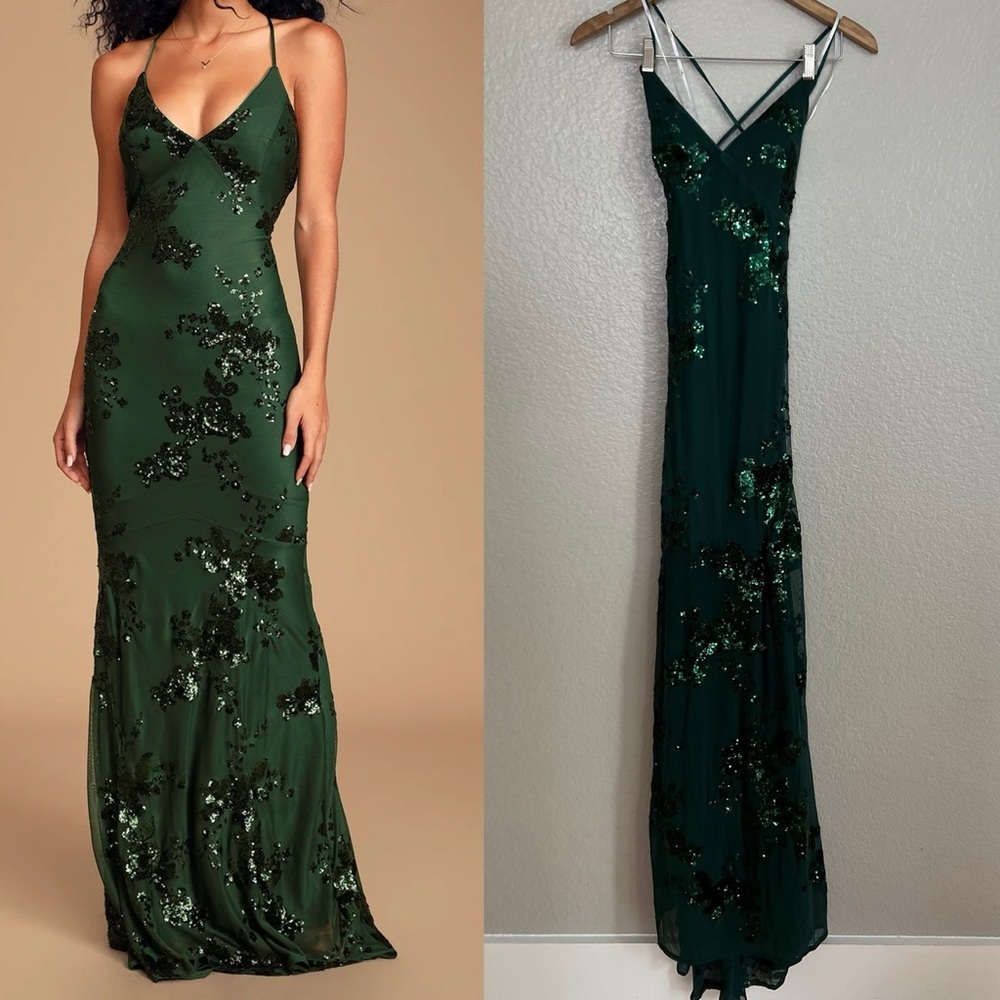 Valhalla Forest Green Sequin Lace-Up Maxi Dress